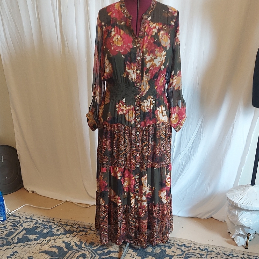 Help Springs sheer maxi dress with button front and shirred waist. Size 2X green